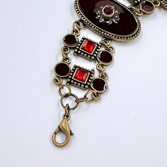 Up-Cycled - Burgundy & Red Enameled Medallion Brass Tone 7” Adjustable Bracelet - Picture 4 of 8